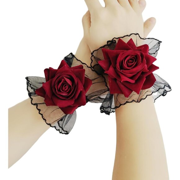 Gothic Rose Lace Gloves Lolita Hand Sleeve Black Lace Elastic Bracelet Wine Red - Picture 1 of 6